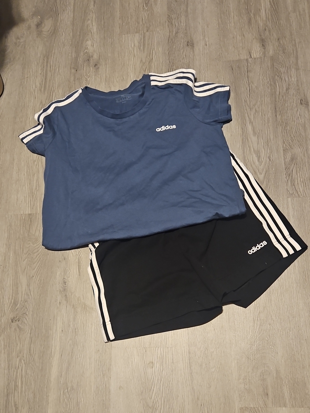 adidas Blue Short Sleeve Tee Xl with White Three-Stripe Detail Shorts L
